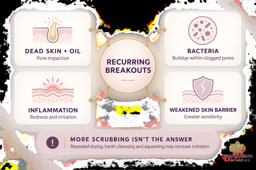 Chart showing how dead skin and oil, bacteria, inflammation, and a weakened skin barrier contribute to recurring acne breakouts.
