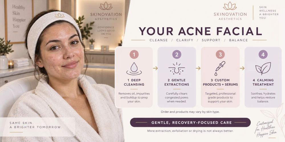 Acne-prone client beside a flowchart showing deep cleansing, gentle extractions, custom serums, and calming treatment at Skinovation Aesthetics.