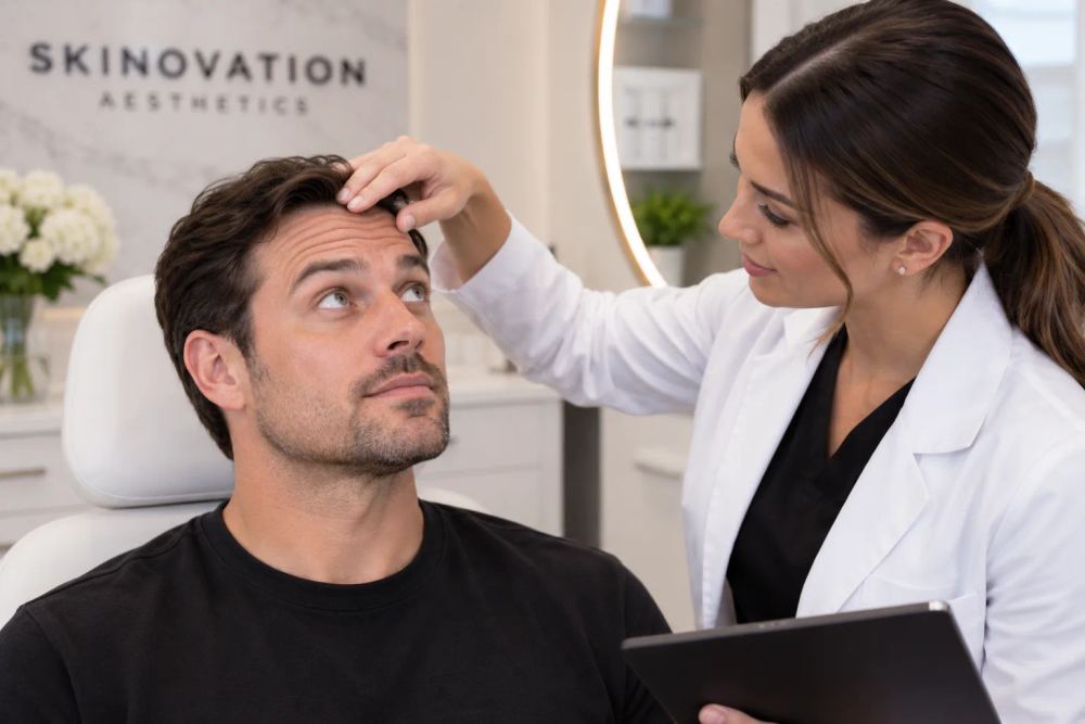 Man receiving a personalized Botox treatment assessment for forehead lines, frown lines and crow's feet in a modern aesthetic clinic