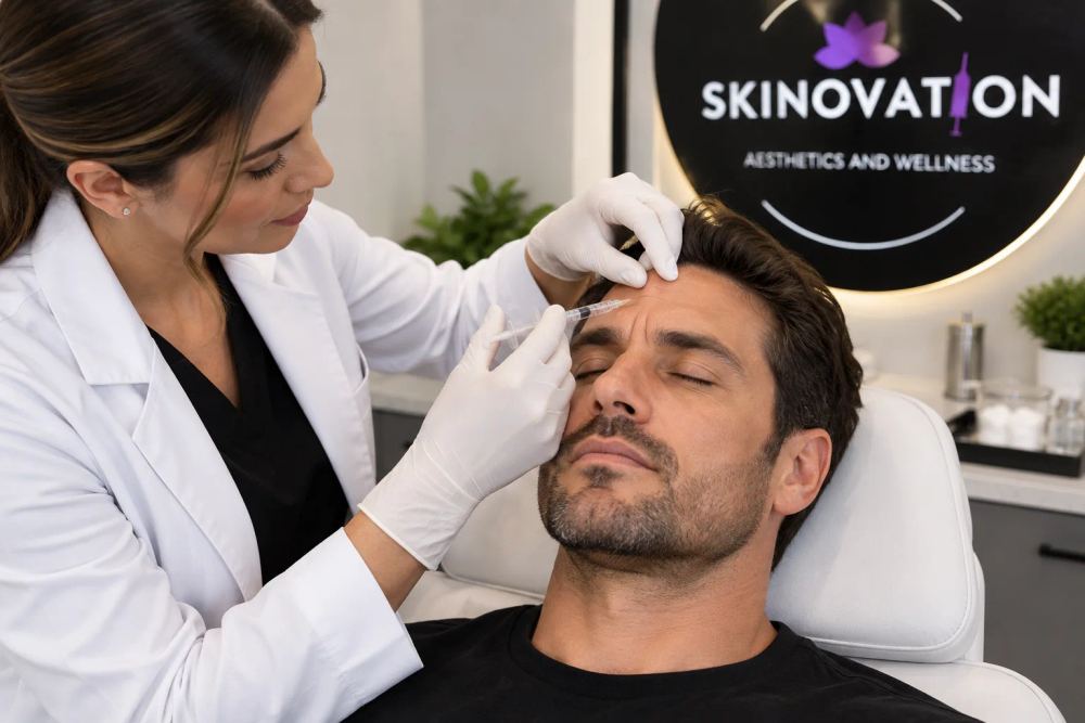 Provider administering personalized Botox injections at selected facial treatment areas after consultation and treatment planning