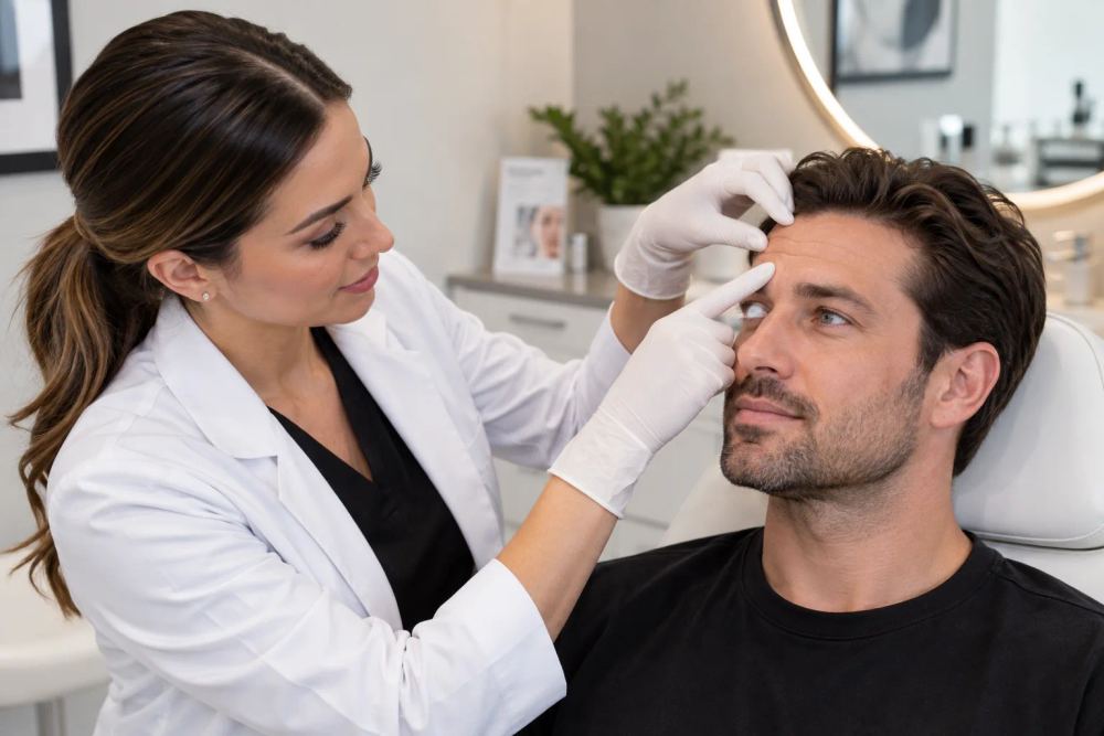 Male patient discussing personalized Botox treatment goals with a provider at Skinovation Aesthetics, focusing on subtle, natural-looking results