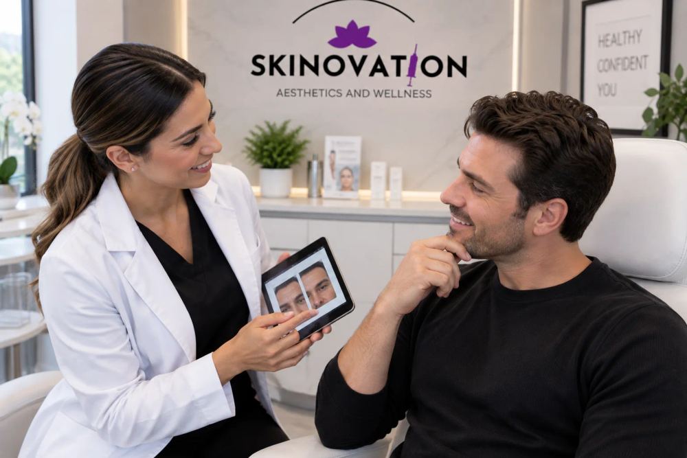 Male patient receiving a personalized Botox treatment consultation at Skinovation Aesthetics in Katy