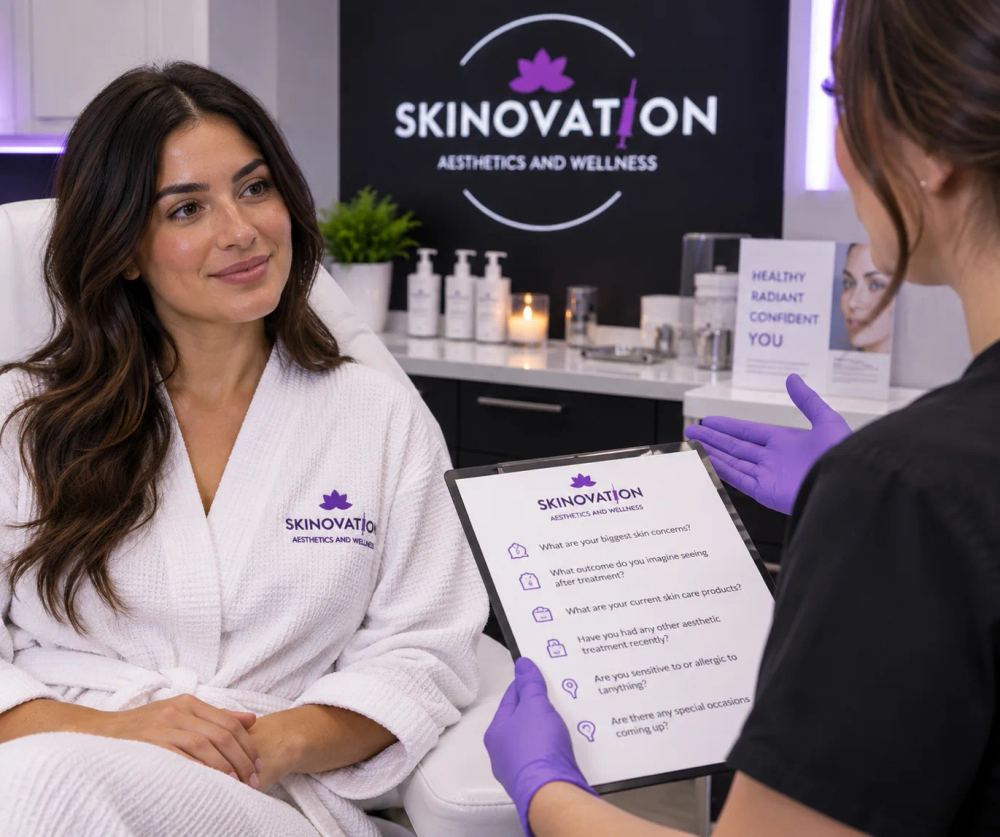 Before and after photos of a client receiving a classic facial at Skinovation Aesthetics in Katy, TX