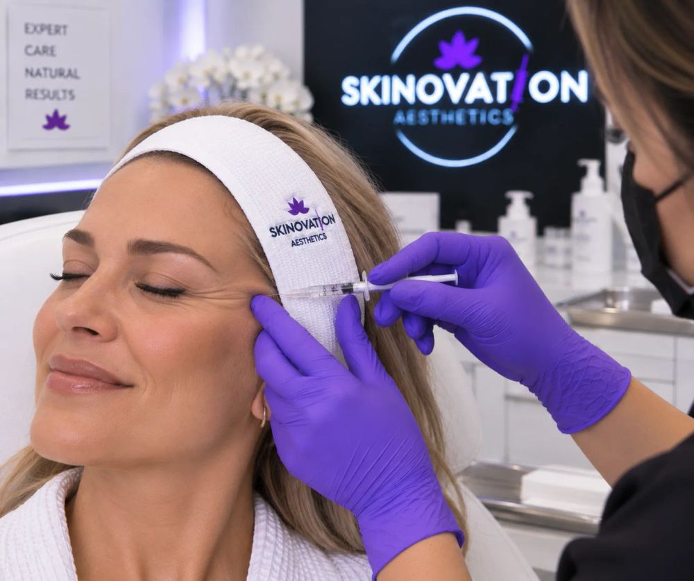 Provider carefully administering Botox injections around the outer corner of the eye during a personalized crow's feet treatment