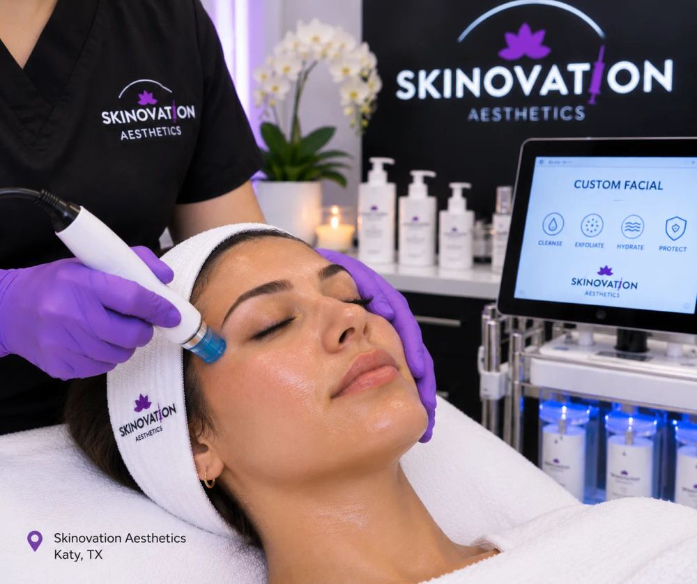 Client receiving a customized facial treatment at Skinovation Aesthetics in Katy, Texas.