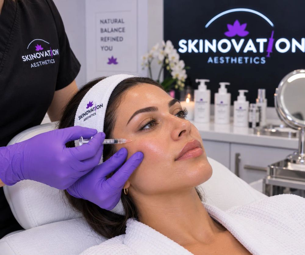 Skinovation Aesthetics provider discussing a facial balancing treatment plan with a client