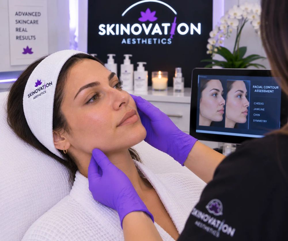 Skinovation Aesthetics provider reviewing facial proportions with a client during a facial balancing consultation