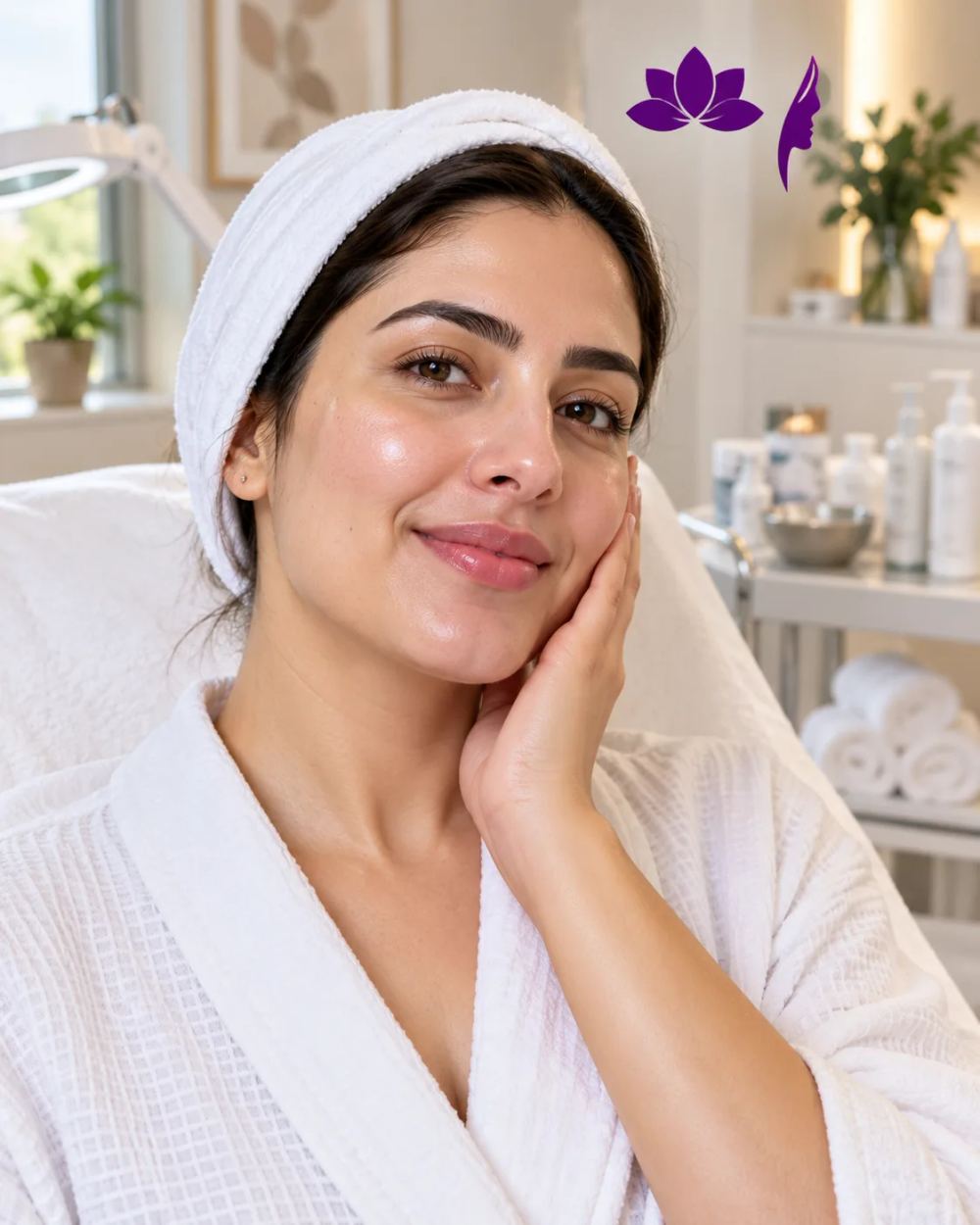 Woman with naturally refreshed, hydrated skin after a professional facial treatment in a modern skincare clinic
