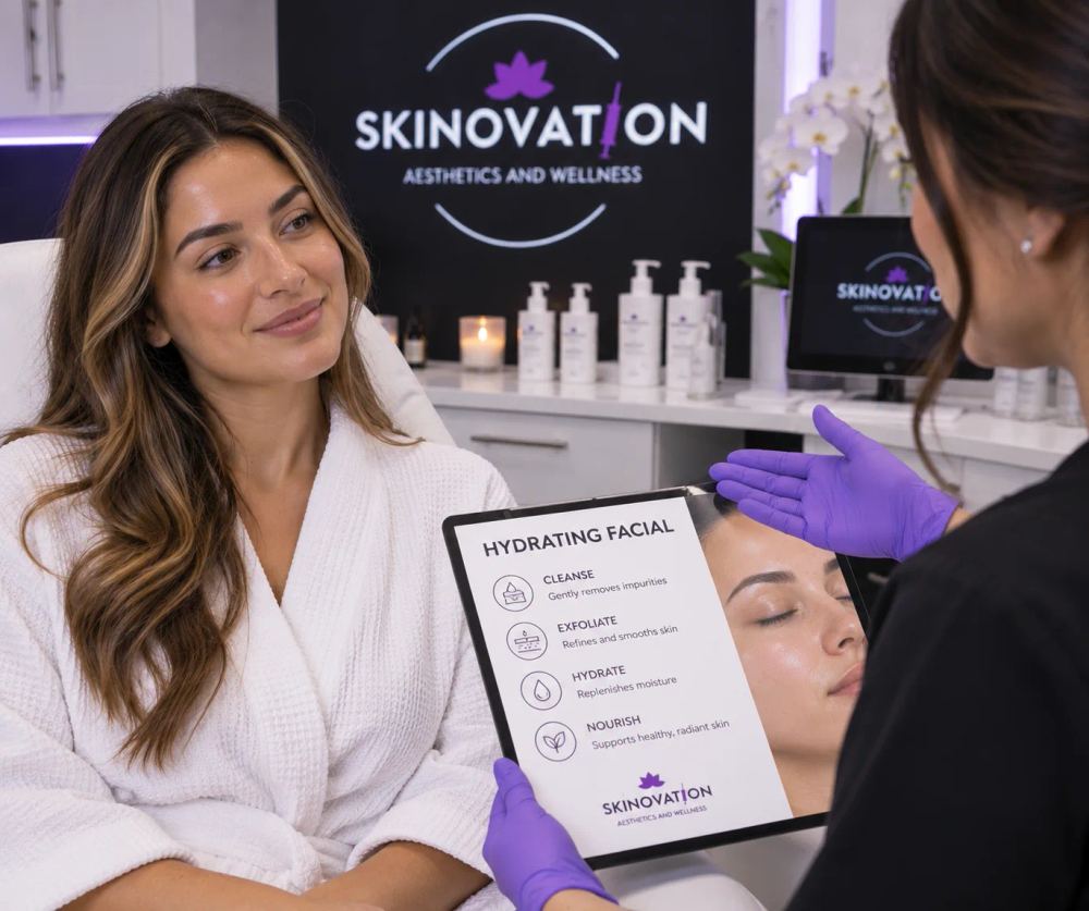 Hydrating facial consultation at Skinovation Aesthetics Katy TX