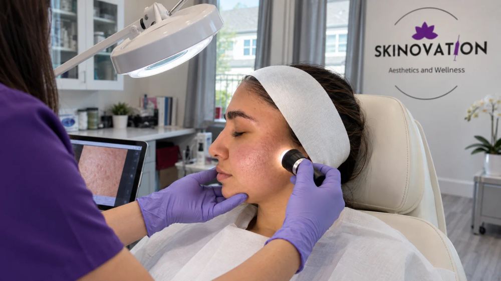Skin texture and acne scar concerns assessed before microneedling in Katy TX