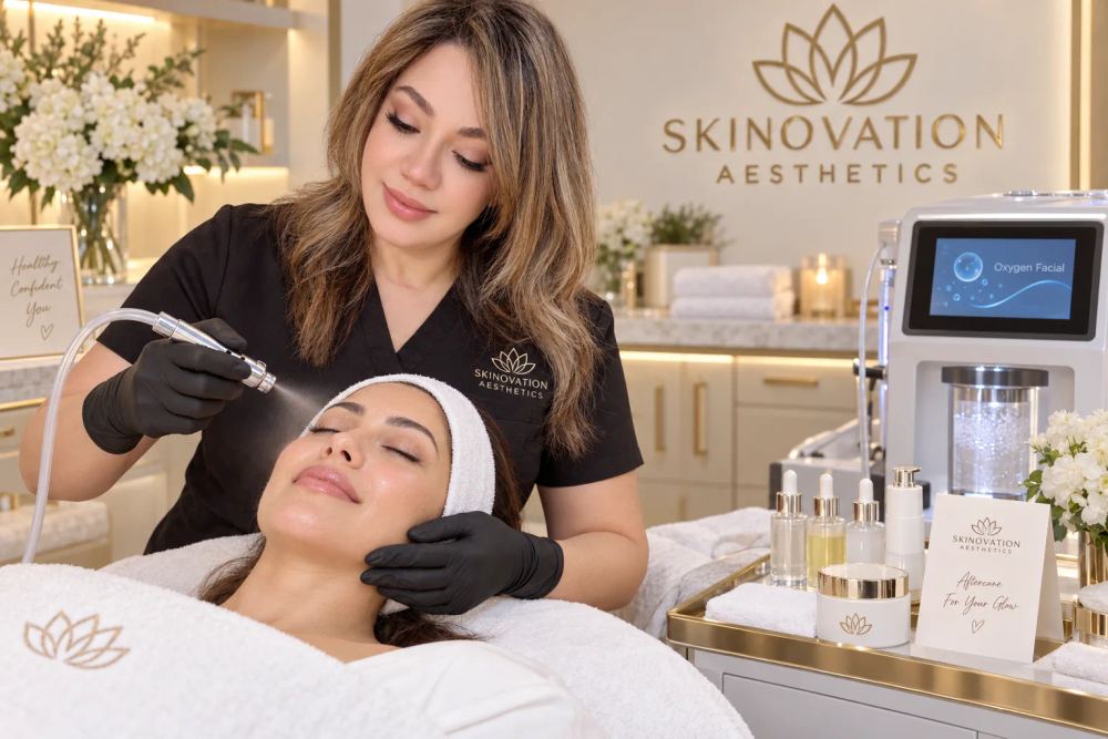 Oxygen facial procedure for glowing skin at Skinovation Aesthetics Katy