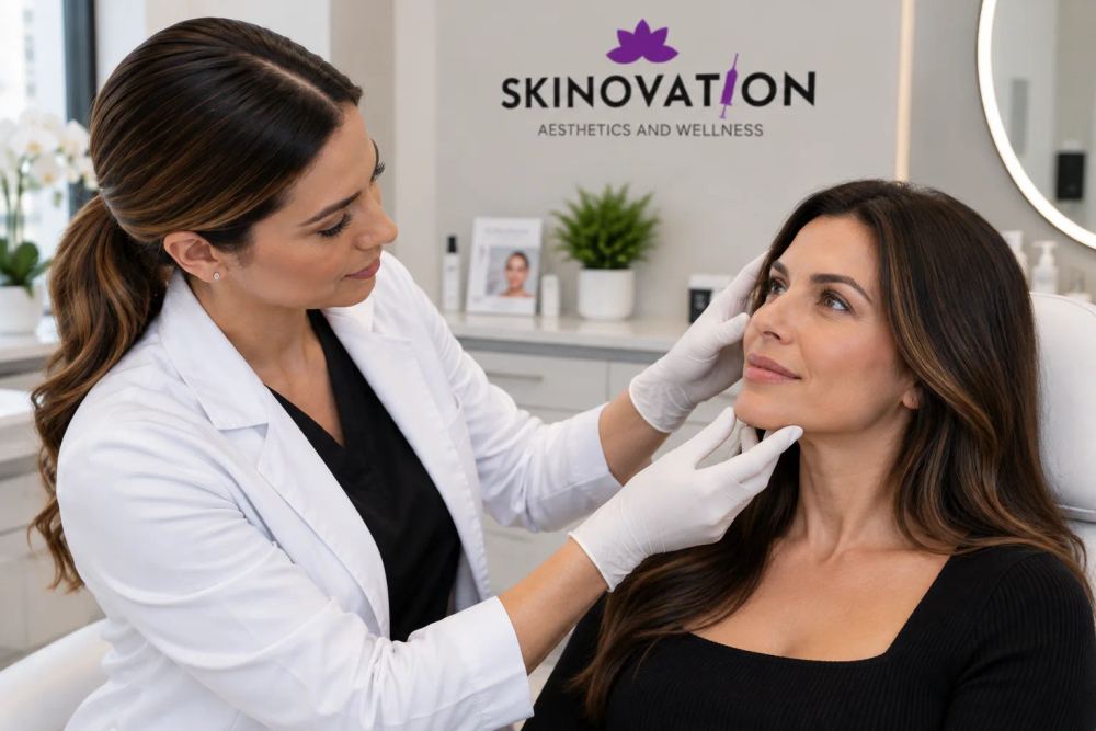 Woman receiving a personalized Sculptra treatment consultation for gradual facial skin rejuvenation at Skinovation Aesthetics in Katy, Texas.