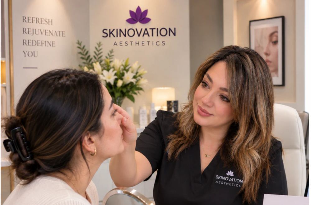 Under-eye filler consultation at Skinovation Aesthetics in Katy TX